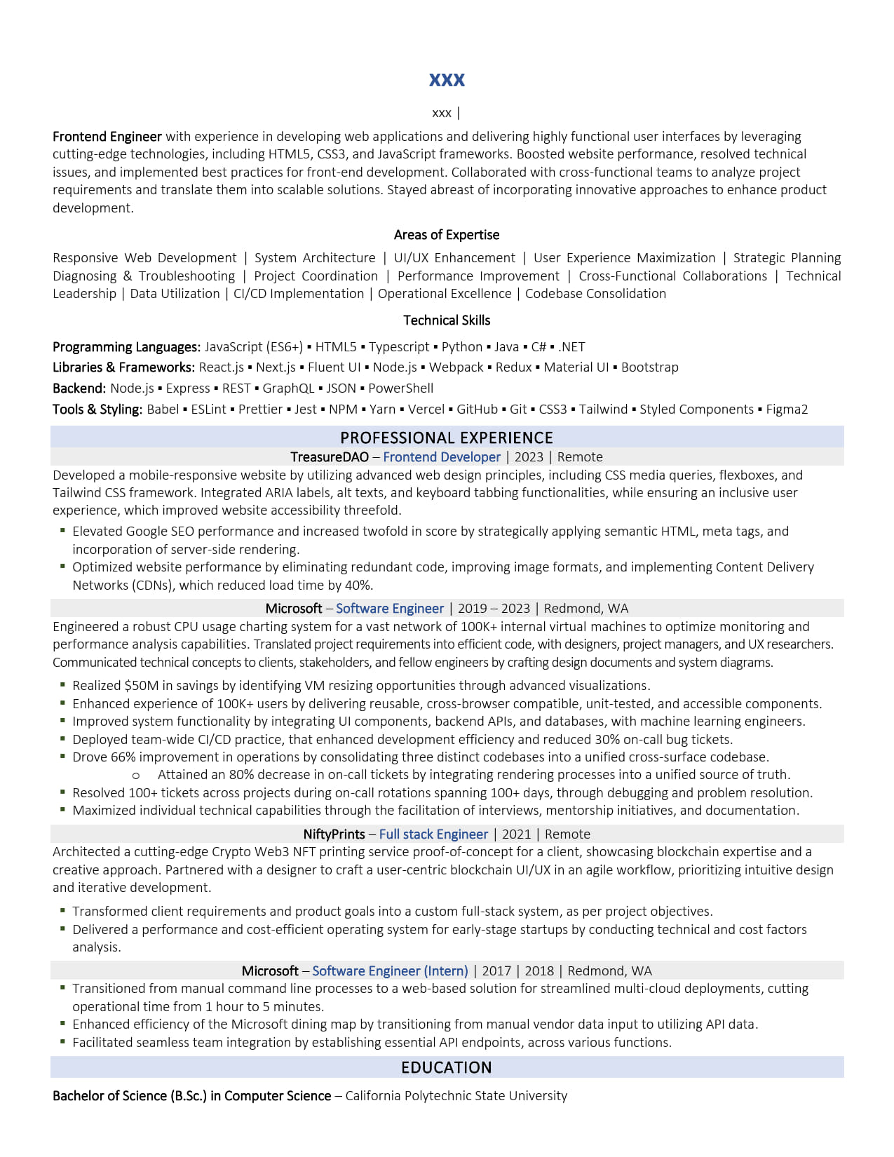 Frontend Engineer Resume Example